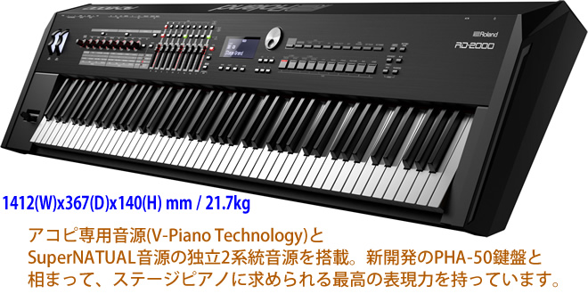 最新のRD-2000は、最新の音源＆鍵盤を搭載し、ステージピアノに求められる最高の表現力を持っています。