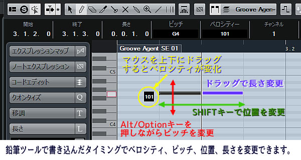 Cubase 8.5 鉛筆ツールで書き込んだタイミングでベロシティなどの調整ができます。