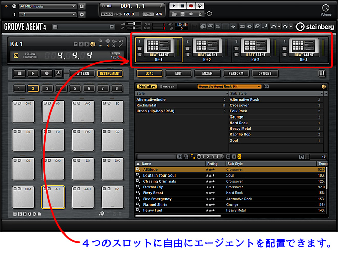 Steinberg GrooveAgent 4 では、4つのスロットに自由にエージェントを配置できます。