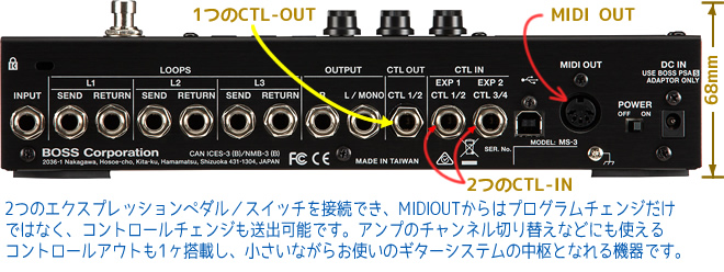 「BOSS MS-3」は小型でありながら、2系統のCTR-IN、1系統のCTL-OUT、MIDI OUT を持ち、お使いのギターシステムの中核に据えることができるプロセッサーです。