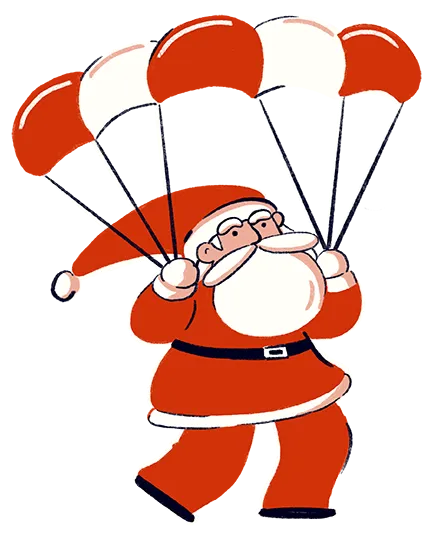 パラシュートで飛んでいるサンタクロースのイラスト