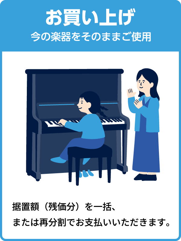 「お買い上げ」今の楽器をそのままご使用 据置額（残価分）を一括、または再分割でお支払いただきます。