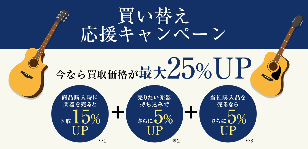 買い替え応援キャンペーン 今なら買取価格が最大25%アップ 商品購入時に楽器を売ると下取15%アップ(※1)＋売りたい楽器持ち込みでさらに5%アップ(※2)＋当社購入品を売るならさらに5%アップ(※3)