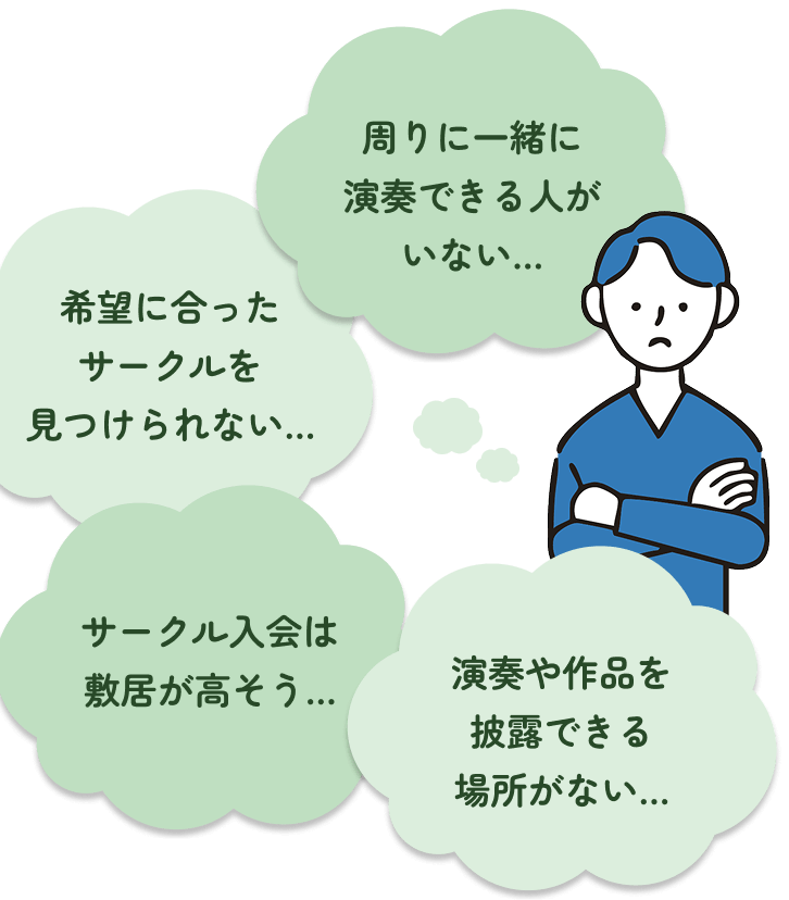 周りに一緒に演奏できる人がいない、希望に合ったサークルを見つけられない、サークル入会は敷居が高そう、演奏や作品を披露できる場所がない、などの悩みを抱えている人のイラスト