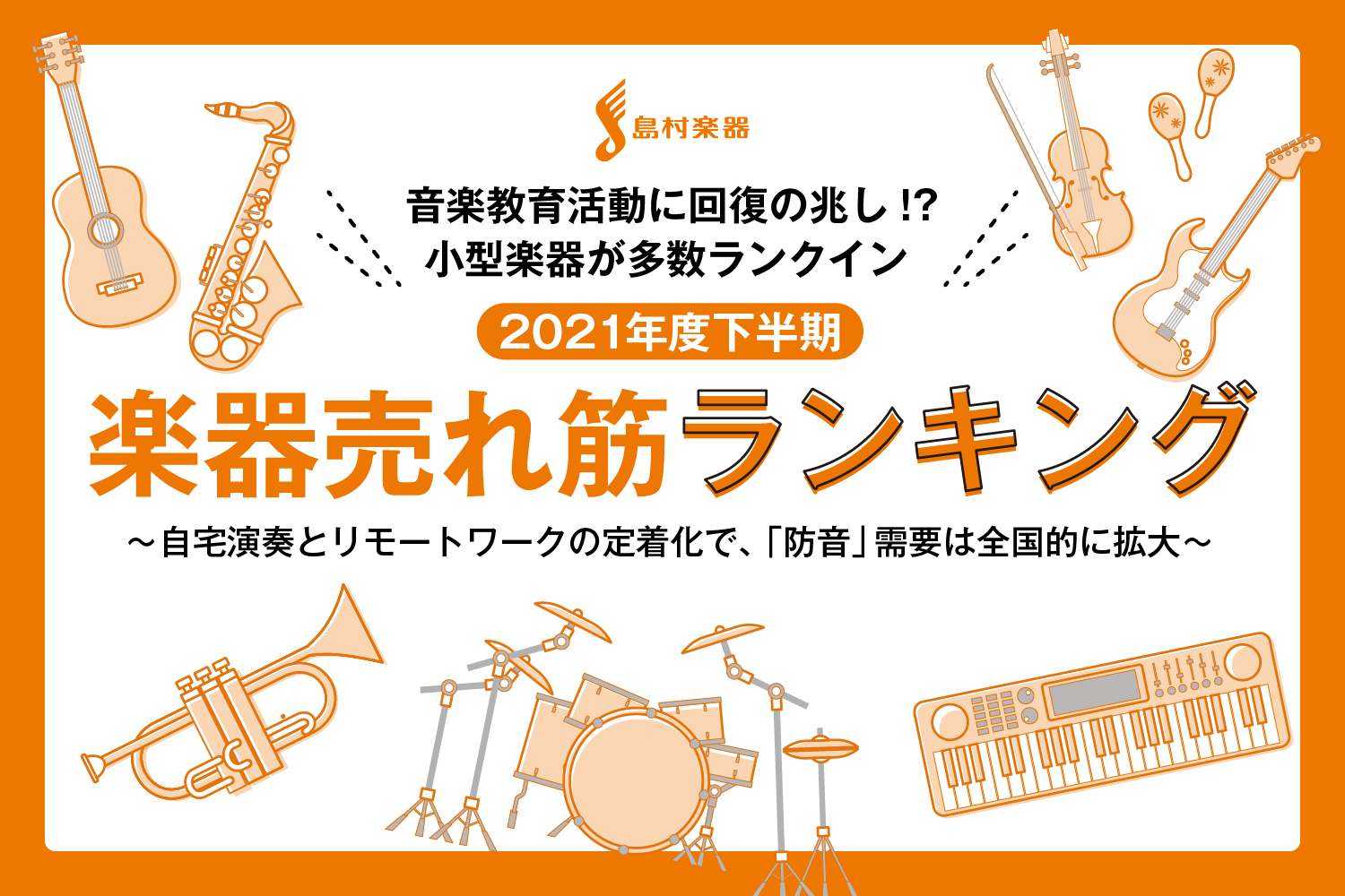 島村楽器株式会社(本社：東京都江戸川区、代表取締役社長：廣瀬 利明)は、島村楽器の店舗で2021年9月～2022年2月の度下半期に売れた楽器ランキングTOP10を発表いたします。 ……
