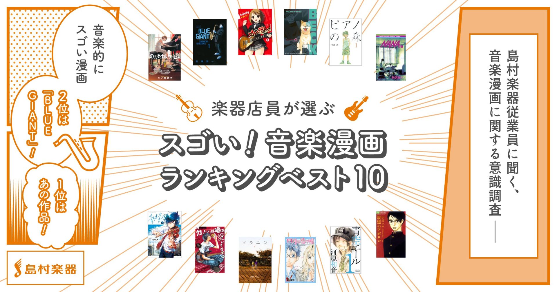 【島村楽器調べ】島村楽器従業員に聞く音楽漫画に関する意識調査／楽器店員が選ぶ「スゴい！音楽漫画」ランキングベスト10～2位は『BLUE GIANT』！1位になったのはあの作品！～