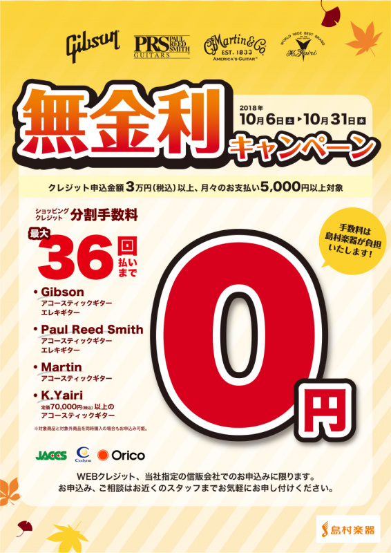 【ギター クレジット無金利】2018年10月6日～2018年10月31日 Gibson・Martin・PaulReedSmith・K.Yairi のギター対象品がクレジット分割36回まで金利無料!