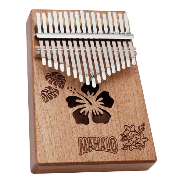 ■MAHALO M-KALIMBA NTU<br />
￥4,500（税込）<br />
<br />
素材は楽器ではおなじみのマホガニー材を使用。<br />
「ネイチャーデザイン」に、「これからの未来が明るいものでありますように」の願いを込めハワイの植物たちをデザインしました。