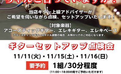 ギター上級アドバイザーによるギターセットアップ調整会開催! 2025/11/11㈫,11/15/㈯,11/16㈰