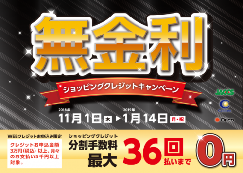 【キャンペーン】無金利キャンペーン！ 最大36回払いまで分割手数料0円！11/1(木)～1/14(月)まで！