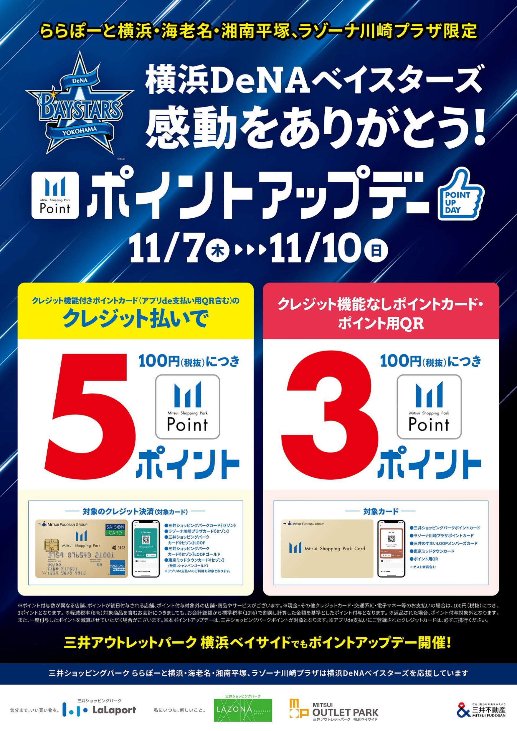 横浜DeNAベイスターズ 日本一！おめでとうキャンペーン ▲上記画像をクリックすると詳細が見れます♪ 期間：2024年11月7日(木)～11月10日(日)三井ショッピングパークカード《セゾン》クレジット払いで、通常税抜100円につき1ポイントのところ、5ポイント付与！！クレジットカードをお持ちで無い […]