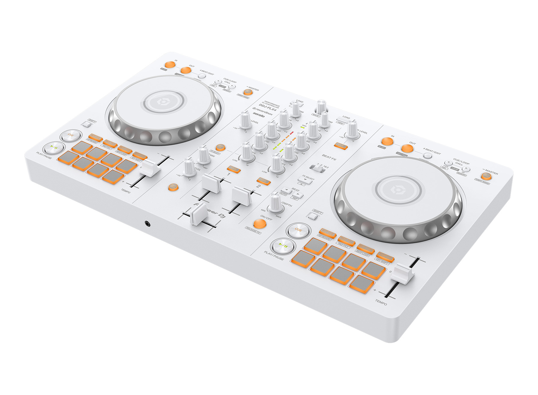 新カラーのホワイト！ Pioneer DJ　DDJ-FLX4-W　¥55,000(税込) 真っ白なボディにオレンジ色のLEDがとってもキュート♥価格は黒色と違い11,000円高い¥55,000(税込)ですが限定カラーという事で白好きの方にはたまらないモデルですね♪
