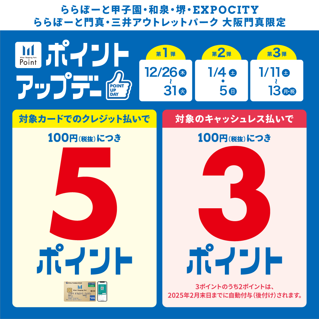 2024年12月26日(木)～12月31日(火)、2025年1月4日(土)・1月5日(日)、1月11日(土)～1月13日(月・祝)の期間、三井ショッピングパークポイントポイントアップデーを開催！ CONTENTSお得なキャンペーン概要電子ピアノでどれぐらいお得になるの？この機会にご検討くださいませ当 […]