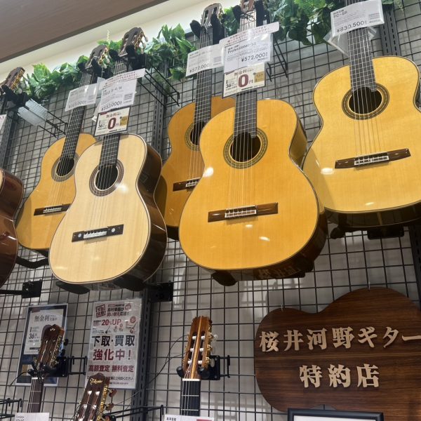 当店は「桜井河野ギター」の特約店となっており当社オリジナル仕様のモデルなどの展示もございます。