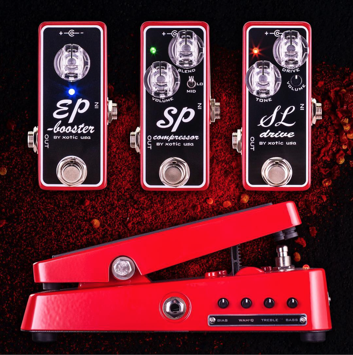 Xoticの人気モデルであるEP Booster,SP Compressor, SL Drive, Wah(XW-1)の限定レッドカラーデザインが登場。全世界1,000台(Wahのみ600台)のみの限定生産、日本国内では150台ずつのみの数量限定入荷となります。