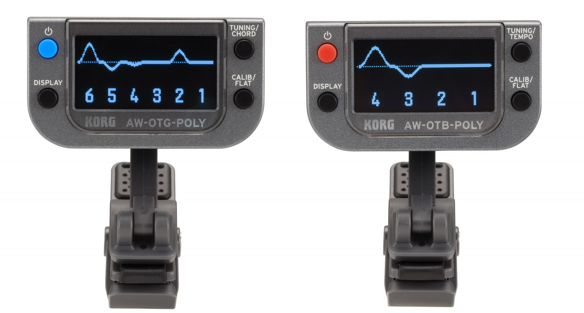 AW-OTG/AW-OTBのポリフォニックタイプ(各弦検出)・クリップチューナー。コード検出機能を搭載したギター専用のAW-OTG-POLYと、テンポ検出機能に加え低音のチューニングに最適化されたAW-OTB-POLYの2種類がラインナップです。  ±0.1 セントの超高精度チューニングを実現。各弦を同時に検出してチューニングするポリフォニックモードが、クリップチューナーの常識を覆します。
