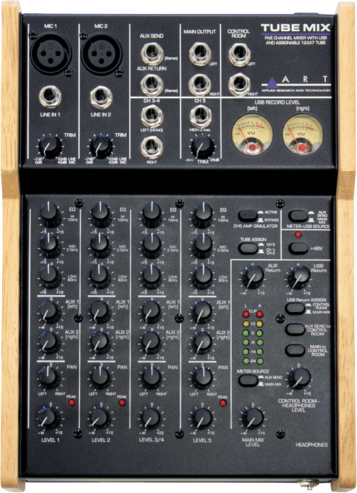 ART ( エーアールティー ) は、オーディオインターフェイス搭載のコンパクトミキサー「Tube Mix」を発表いたしました。  「Tube Mix」は、チューブとアナログVUメーターを搭載した5チャンネルのステレオUSBミキサーです。  2つのマイク・ライン入力、1つの高インピーダンス楽器入力（ch5のみ）、2つのライン入力を装備。すべての入力チャンネルは、3バンドのEQ、2つのAUXセンド、パン/レベルがコントロールできます。また、最適なレベル設定のためのトリムとクリップインジケーターおよびLEDメーターが含まれています。  「Tube Mix」にはオーディオインターフェイス機能も搭載しているためホームスタジオ録音にも最適です。メイン出力かAUXバスのUSBソースを切替えるスイッチを搭載しているため多用途にご使用できます。また、USB 出力するレベルをモニターできるVUメーターも装備されています。  「Tube Mix」の最大の特徴は12AX7 真空管が搭載されていることです。 1ch-2chのマイクあるいはch5に割り当てることが可能で、ゲインを上げるためではなくギターやベース、ボーカルに真空管独特の暖かさとトーンを加えます。また真空管は、トリムとEQの間に配置されているので、EQでチューブのキャラクターを微調整することもできます。さらに、ギター用にアンプ・シミュレーション機能も搭載。もちろん、真空管と一緒に使用可能です。