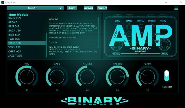 Binaryシリーズは全て機種にUSB端子を備えています。付属のUSBケーブルを使用してコンピューターと接続し、プリセット管理やパラメーター設定がPC (or Mac)上で行えます。エディター・ソフトウェアは、スクリーンショットのように非常にシンプルで、直感的に操作して頂けます。  PC上で操作したプリセットはコンピューターに保存可能。それらのプリセットを本体へインポート／エクスポートも可能。さらに、プリセットのエフェクト（モデル）の説明も表示されますので、エミュレーションのベースになった機種名、各コントロールの詳細が確認できます。  IR CABのエディターは他の機種のエディターと少し異なります。マイクXYZのコントロールノブ設定（マイクの設定位置）がグラフィック表示されます。その為、MIC TYPEで選んだマイクを、スピーカーへ向けてどの位置に設置するかを見ながら調整可能です。