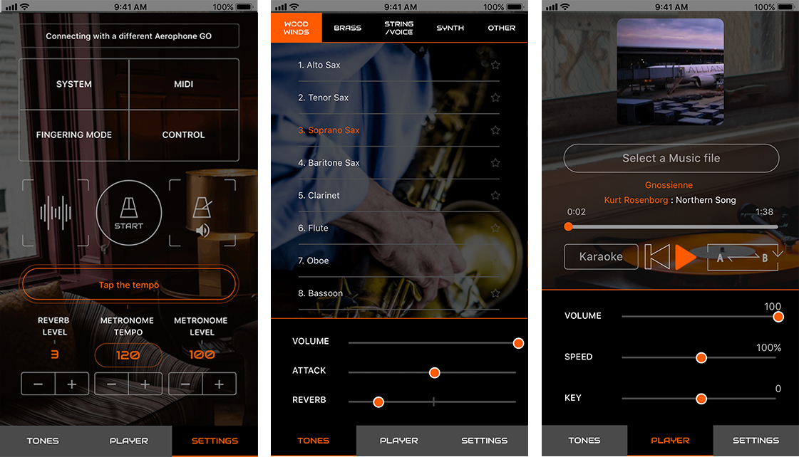 iOSアプリ： Aerophone GO Plus 無料でダウンロードできる専用アプリ「Aerophone GO Plus」は、アプリに 50 個の音色を内蔵し、「Aerophone GO」とワイヤレス接続することでさまざまな楽器音の演奏を楽しめます。  スマートフォンやタブレットに入っている音楽を再生しながら、曲のテンポやキー変更、センター・キャンセルを使ってカラオケ演奏、練習に役立つ A/B リピートもできます。さらに、本体からは操作できない運指変更やバイト・コントロールなどの設定やエディットも行うことができます。