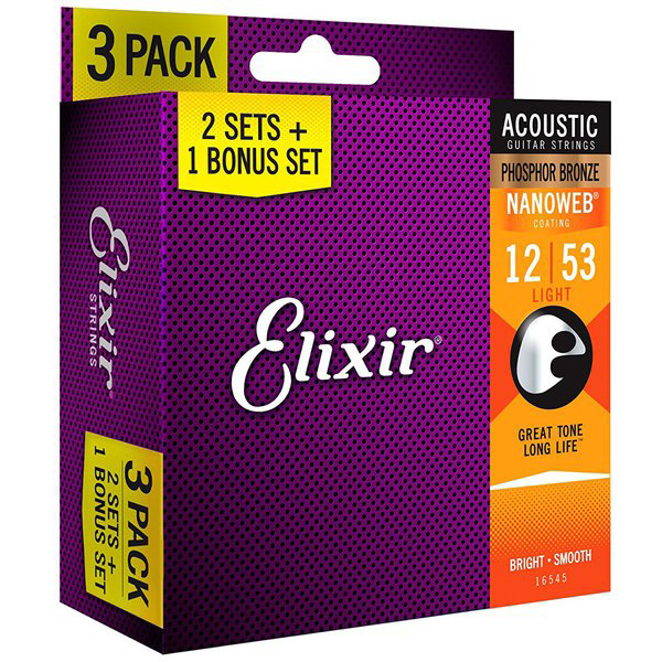 新品Elixir NANOWEB Phosphor Light (.012-.053) 3セットボーナスパック
