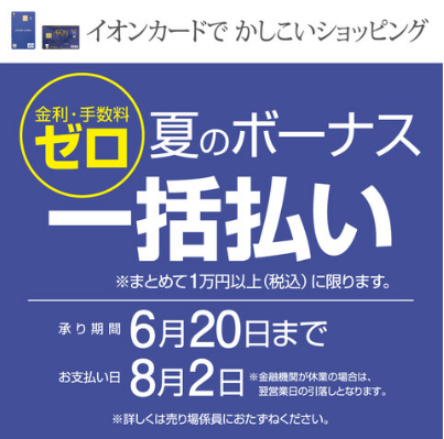 【イオンカード】夏のボーナス1括払いも手数料ゼロ円！