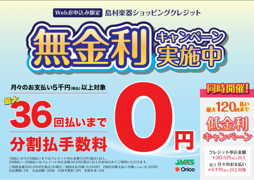 【無金利キャンペーン】2022年3月31日まで！ショッピングクレジット最大36回まで無金利！