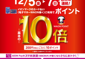【ポイント10倍！】2025年12月5日(金)～12月7日(日)の3日間限定！イオンカード支払でWAONポイント10倍！