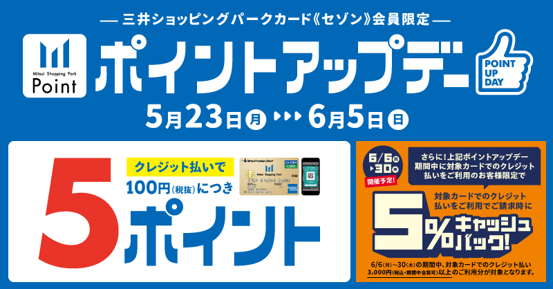 5月23日(月)～6月5日(日)の期間中、三井ショッピングパークららぽーと磐田では、三井ショッピングパークカード《セゾン》会員限定ポイントアップデーを開催いたします。対象カードでのクレジット払いで、通常100円(税抜)につき2ポイントのところ、期間中は5ポイント！さらに！本ポイントアップ期間中に、対 […]