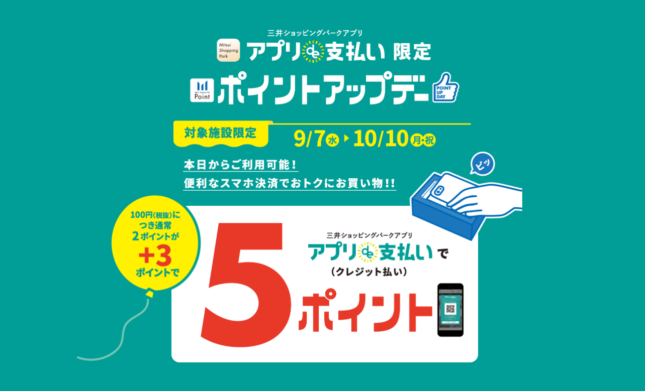 2022.9月7日(水)から10月10日(月祝)の期間中、三井ショッピングパークカード《セゾン》のアプリde支払いのご利用で通常 100 円（税抜）につき 2 ポイントのところ5ポイントが付与されるお得なキャンペーンを開催中です！※クレジット機能無しのポイント用QRコードは対象外です。あら […]