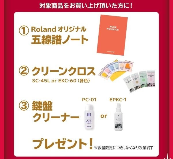《対象商品》<br />
RP701<br />
<br />
【プレゼント】<br />
五線譜ノート、クリーンクロス、鍵盤クリーナー