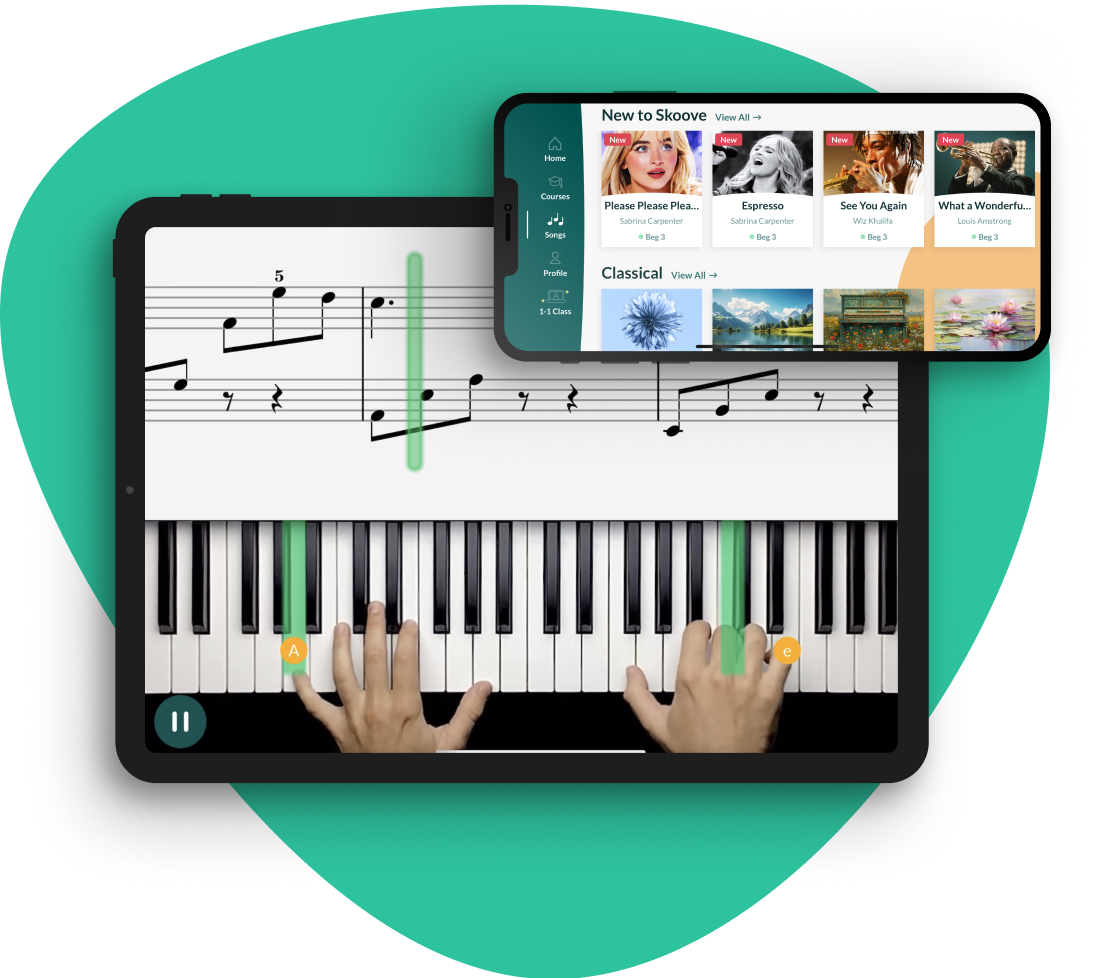 SKoove（スクーヴ）について「Skoove（スクーヴ）」は、音楽の都ドイツ・ベルリンで生まれた、 いつでも好きな時にピアノを練習できるアプリです。