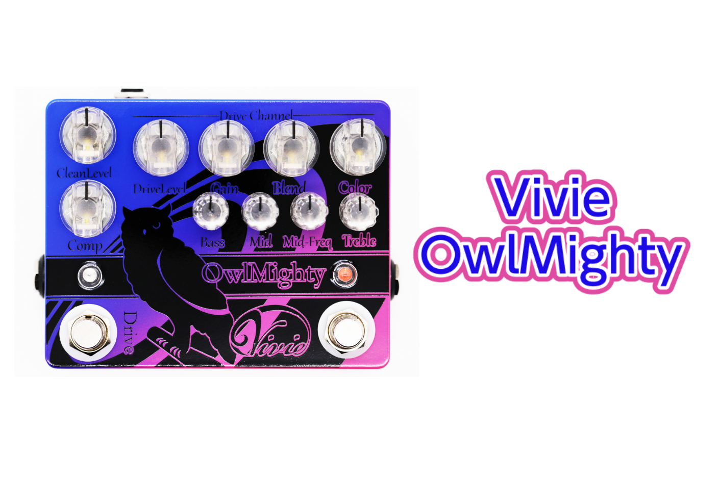 *Vivie OwlMighty展示中 ***クリーン・ドライブの2ch切Vivieでは初となる2ch仕様。 ON/OFFとは別にクリーン・ドライブの切り替えフットスイッチを搭載。 様々なシーンに1台で対応できます。り替え ***上質な歪みを搭載 Vivieのギターエフェクターから得たノウハウをもと […]