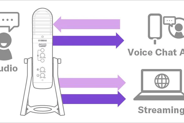 メイン配信機とは別の通信機器を4極ミニ入出力端子に接続し、ボイスチャット音を加える。