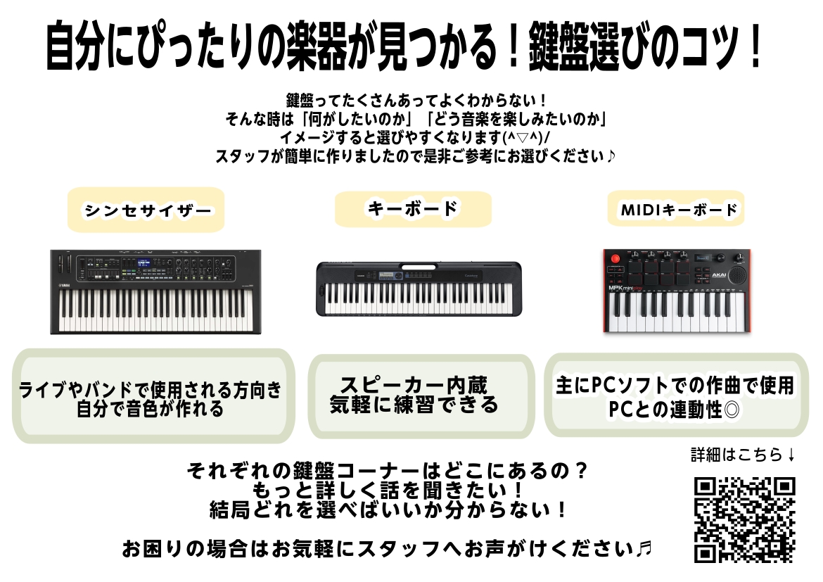 キーボード・シンセサイザー・MIDIキーボードの違いと選び方を解説。初心者からDTM制作者まで、自分に合う楽器が見つかるチャート付きガイドです。