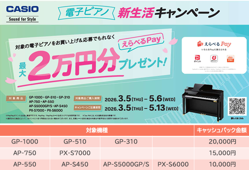 皆様こんにちは！島村楽器くずはモール店の中西です♪段々と空気が温かくなり桜の咲く季節が近づいている今日この頃皆様いかがお過ごしでしょうか？この度はCASIOさんが開催している嬉しいキャンペーンをお知らせいたします。 対象電子ピアノをご購入の方へ最大2万円分の選べるPAYプレゼント！ 島村楽器では数多 [&hellip;]
