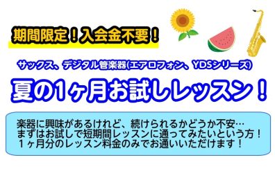 【大人のための予約制レッスン】この夏にサックスを始めてみませんか？夏の1ヶ月お試しレッスン！【サックス、デジタル管楽器(YDSシリーズ・エアロフォン)サロン】