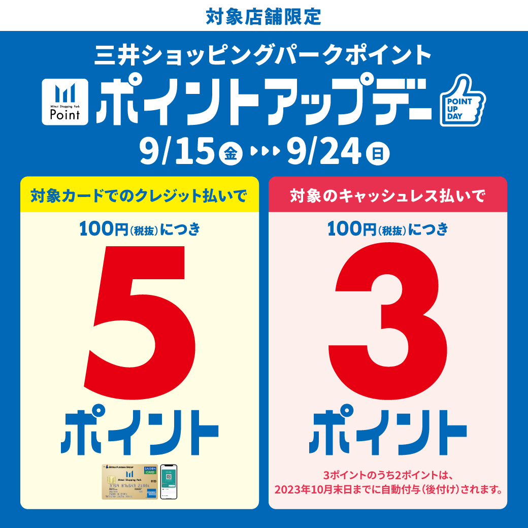 キャンペーン詳細 ①対象のクレジットカード支払いで100円につき5ポイント 三井ショッピングパークららぽーと門真では、三井ショッピングパークカード《セゾン》をはじめとした対象カード支払いで、通常100円(税抜)につき2ポイントのところ、期間中は100円(税抜)につき5ポイントとなります。 ②対象のキ […]