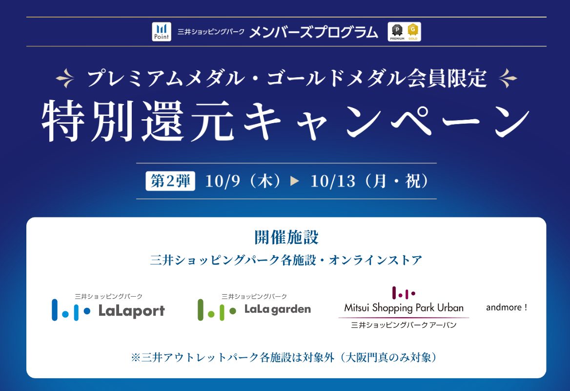 10月9日(木)～10月13(月・祝）の期間限定で、三井ショッピングパークポイントがお得に貯まるキャンペーンを実施します！ CONTENTSキャンペーン詳細どれぐらいお得になるの？キャンペーン詳細 対象 三井ショッピングパークメンバーズプログラム「プレミアムメダル会員」「ゴールドメダル会員」の方 ポ […]
