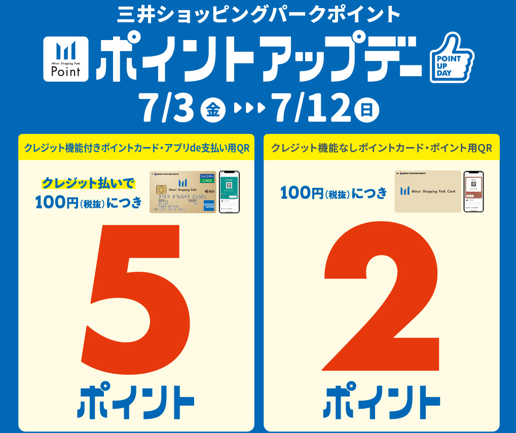 【開催期間】7/3(金)～7/12(日)【対象】対象カードでのクレジット払いで、通常100円(税抜)につき2ポイントのところ、期間中は5ポイント！その他のお支払いでも通常100円(税抜)につき1ポイントのところ、2ポイント！お得なこの機会に、ららぽーと横浜でお買い物をお楽しみください♪詳しくは下記リ [&hellip;]