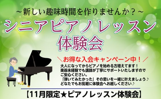 CONTENTS～この秋から新しい趣味時間を作りませんか？～【期間限定の体験会】実施中！大人の為の予約制音楽教室（通称：ピアノサロン）概要ピアノインストラクタープロフィール～この秋から新しい趣味時間を作りませんか？～ 60代、70代、80代の大人の皆さん！お家で素敵なピアノの音を奏でませんか？ みな […]