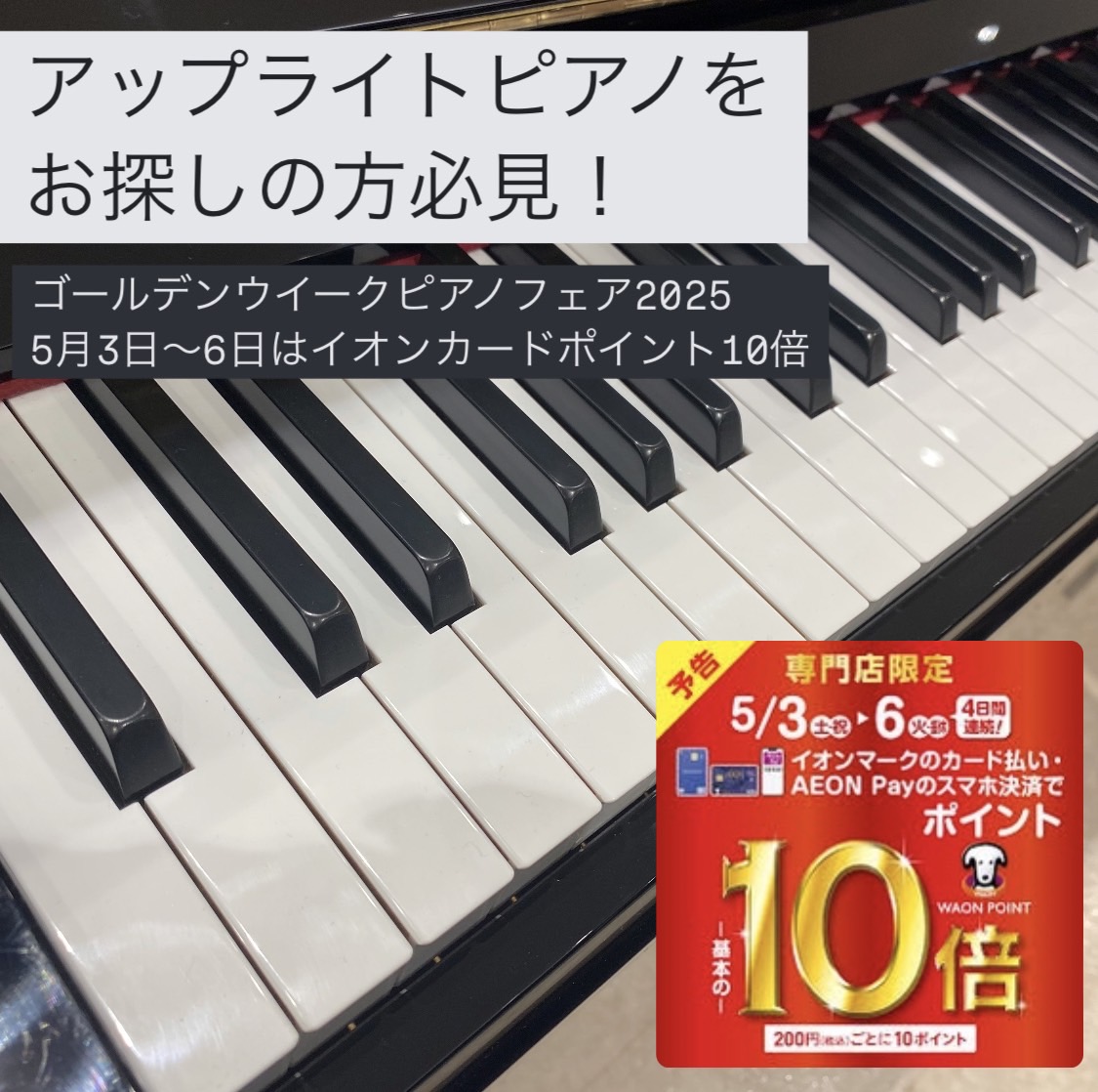 島村楽器イオンレイクタウン店ではゴールデンウイークピアノフェアを開催いたします！さらに5月3日(土)~6日(祝)期間中はイオンクレジットカード払いでポイント10倍付与！お得なこの機会にぜひいかがでしょうか？ 東京都、千葉県、神奈川県、埼玉県、茨城県、群馬県、栃木県など、関東エリアにお住まいのお客様に […]