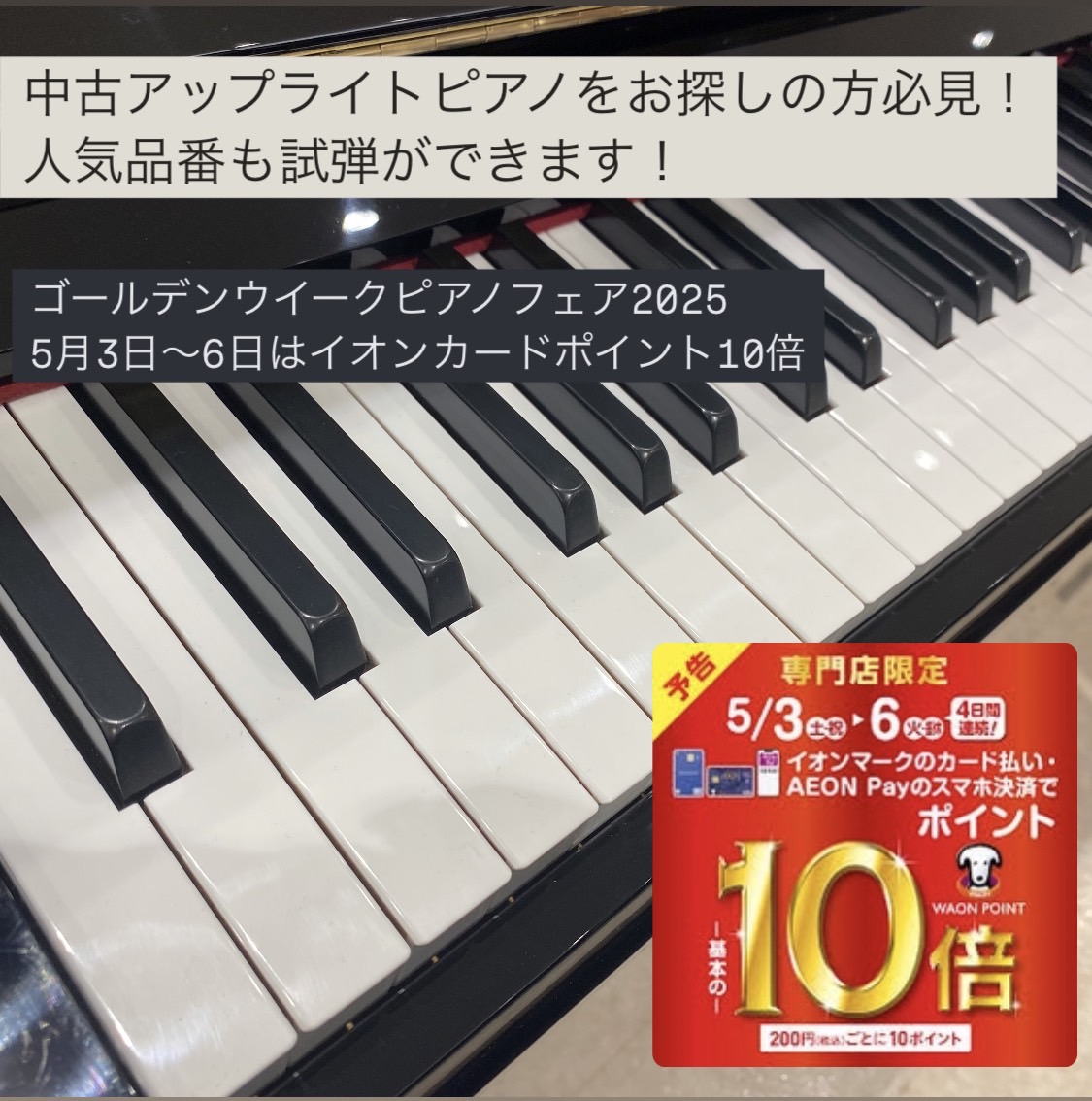 島村楽器イオンレイクタウン店ではゴールデンウイークピアノフェアを開催いたします！さらに5月3日(土)~6日(祝)期間中はイオンクレジットカード払いでポイント10倍付与！お得なこの機会にぜひいかがでしょうか？ 東京都、千葉県、神奈川県、埼玉県、茨城県、群馬県、栃木県など、関東エリアにお住まいのお客様に […]