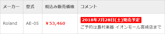 「Roland AE-05」 税込み53,460円 2018年7月28日(土)発売予定