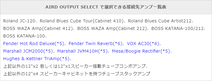 AIRD OUTPUT SELECT で選択できる接続先アンプ一覧表