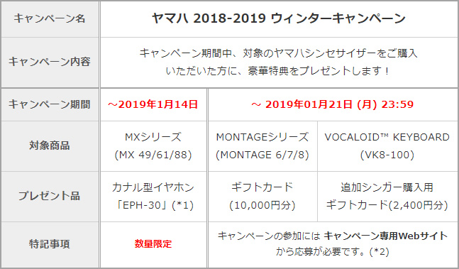 ヤマハ 2018-2019 ウィンターキャンペーン概要一覧表