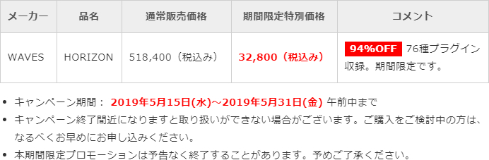 「Waves Horizon」日本限定プロモーション価格表