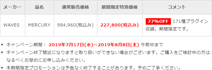 「Waves Mercury」日本限定プロモーション価格表