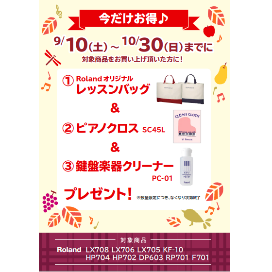 フェア特典「レッスンバッグ＆ピアノクロス＆鍵盤楽器クリーナープレゼント」