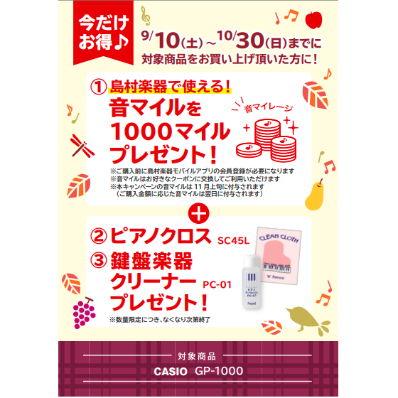 フェア特典「島村楽器で使える音マイル1000マイルプレゼント＆ピアノクロス＆鍵盤クリーナープレゼント」<br />
