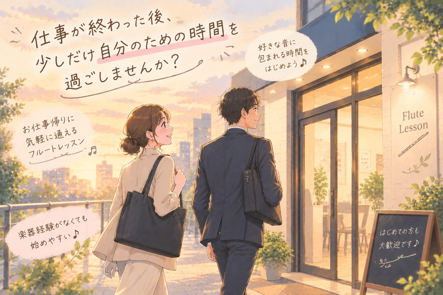 仕事が終わったあと、少しだけ自分のための時間を過ごしませんか？ 仕事や日々の予定に追われていると、自分の趣味や好きなことに使う時間は後回しになりがちです。 そんな方におすすめなのが、仕事帰りに通えるフルートレッスンです！17時以降の時間帯なら、お仕事帰りや学校帰りにも通いやすく、無理なくフルートを始 [&hellip;]